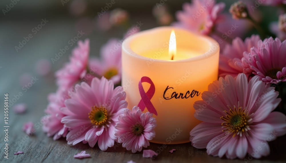 Candle surrounded by delicate flowers message of remembrance for cancer awareness. Candle surrounded by delicate flowers message of remembrance for cancer awareness.