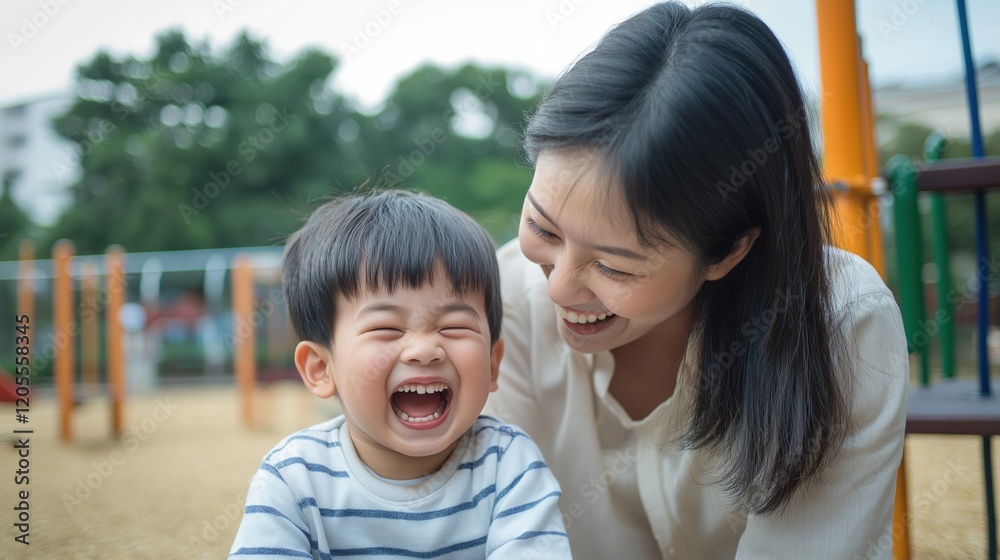 A candid shot of a mother and child laughing together on a playground. A candid shot of a mother and child laughing together on a playground.