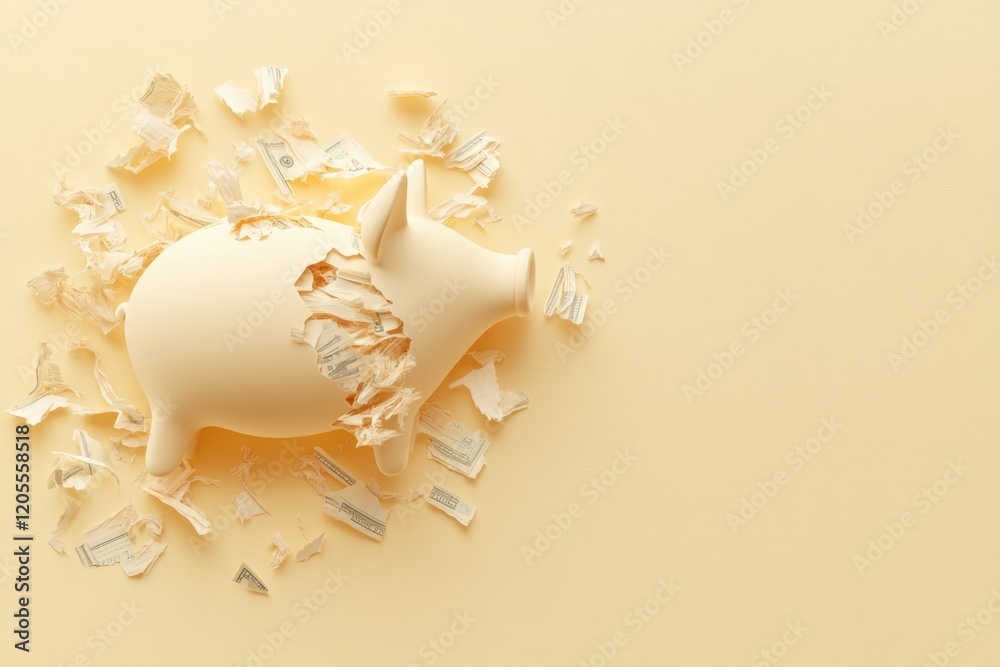 Naklejka premium Shredded Currency Forming a Piggy Bank Silhouette Emphasizes Economic Instability Against Pastel Yellow Backdrop