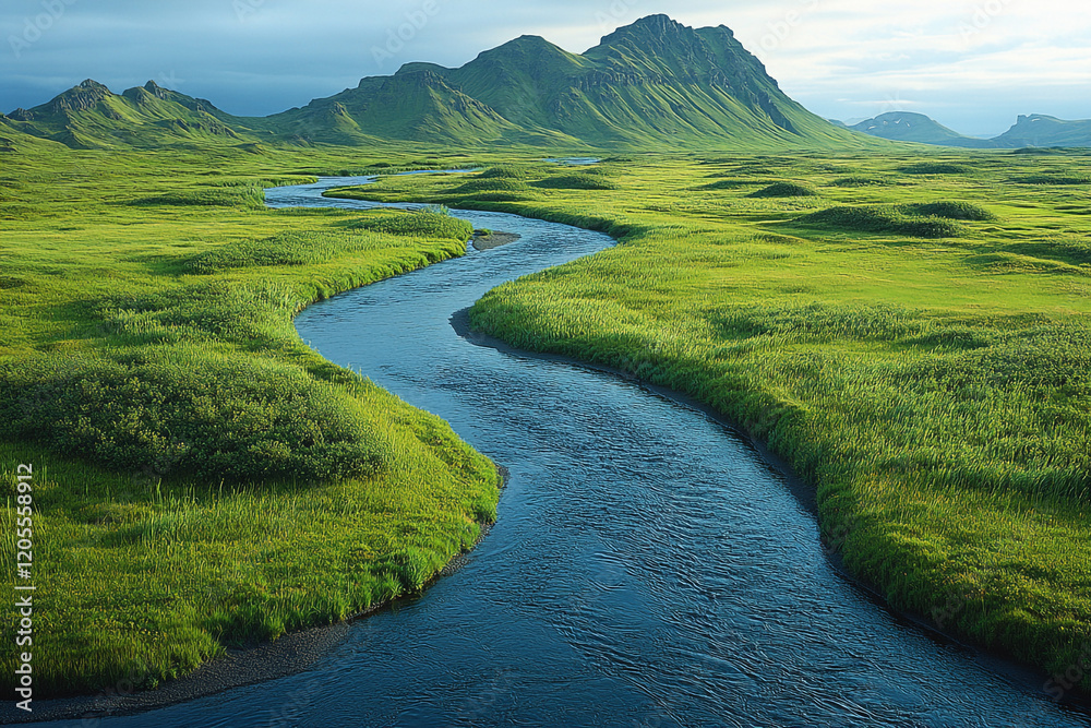 Naklejka premium Serpentine River Winds Through Lush Green Valley And Mountains