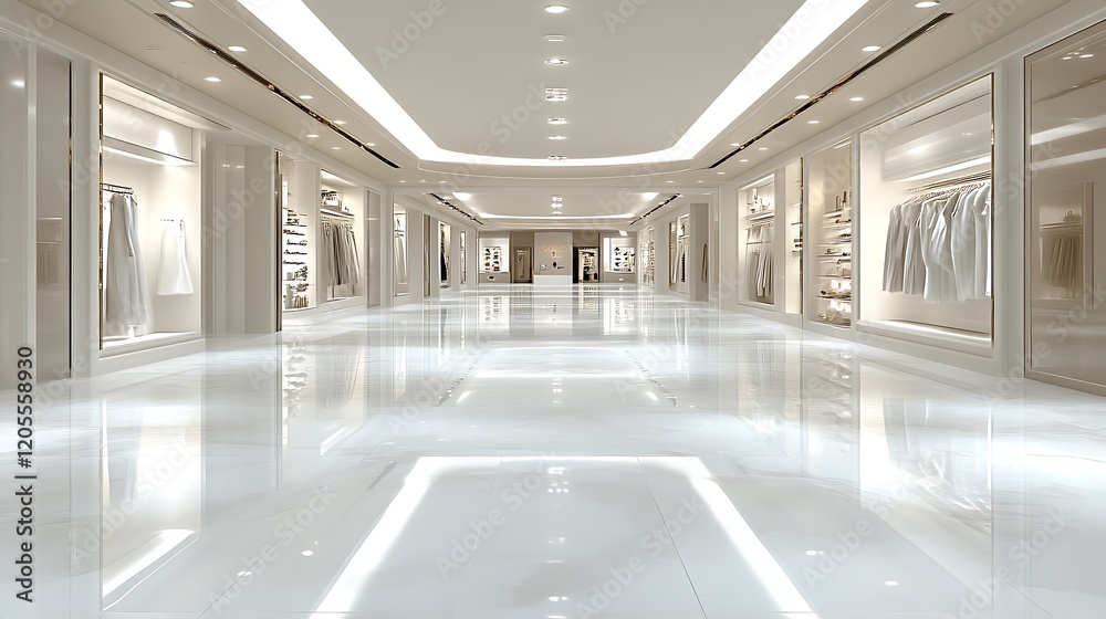 Naklejka premium Elegant White Boutique Store Interior Corridor Design