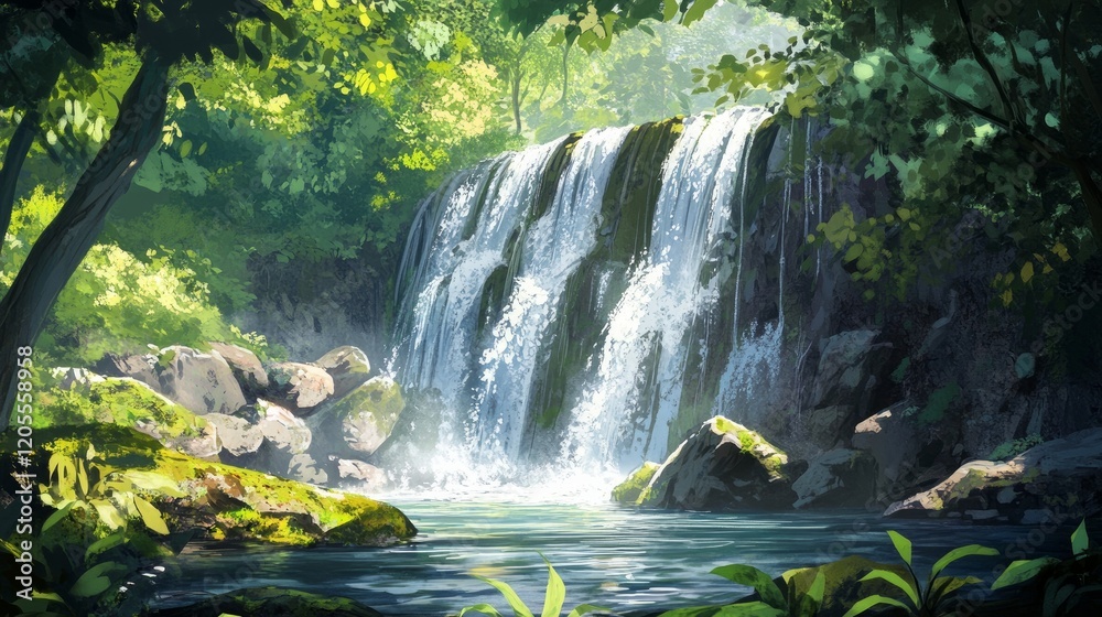 Over moist moss rocks with green leaves, a tropical waterfall cascades through the forest. Over moist moss rocks with green leaves, a tropical waterfall cascades through the forest.