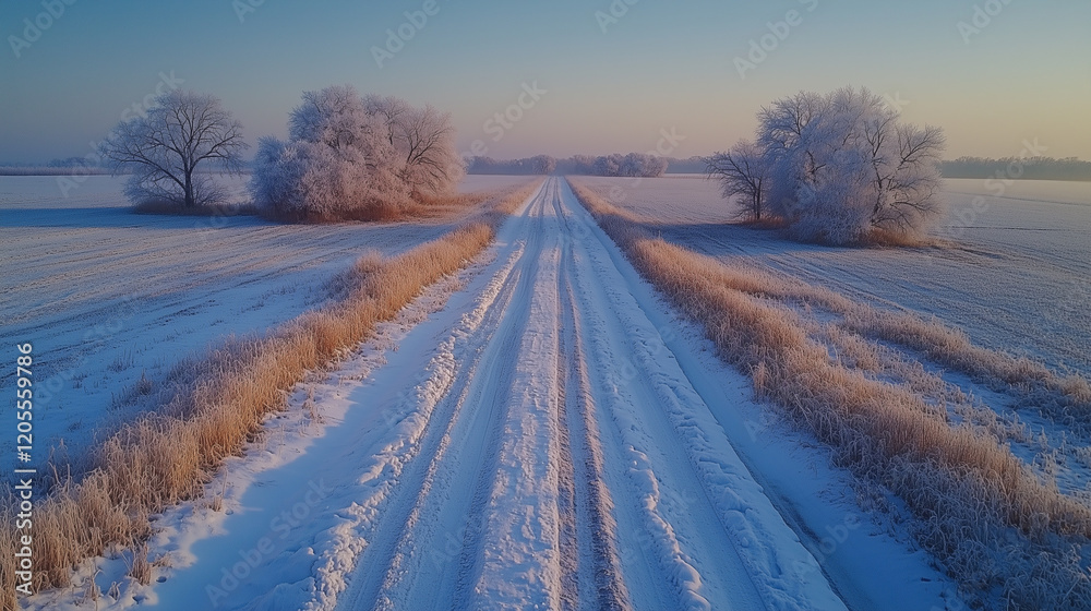 Obraz premium The winter road, illuminated by the bright sunset, is surrounded by a snowy landscape and falling snowflakes, creating an atmosphere of peace.
