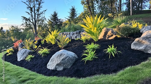 Stunning Landscape Design with Black Mulch and Lush Plants