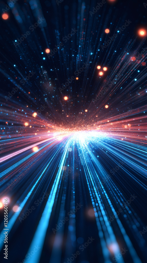 Obraz premium Hyperspace warp effect featuring glowing blue-orange particles, creating dynamic motion blur with cosmic sci-fi visualization