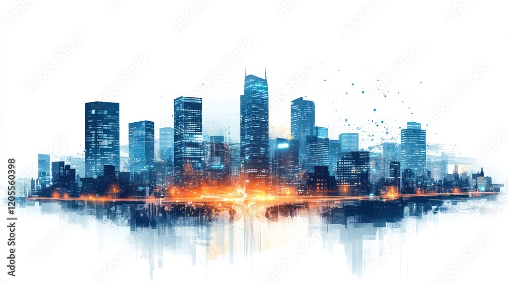 Obraz premium Futuristic city skyline at night with glowing lights and water reflection.