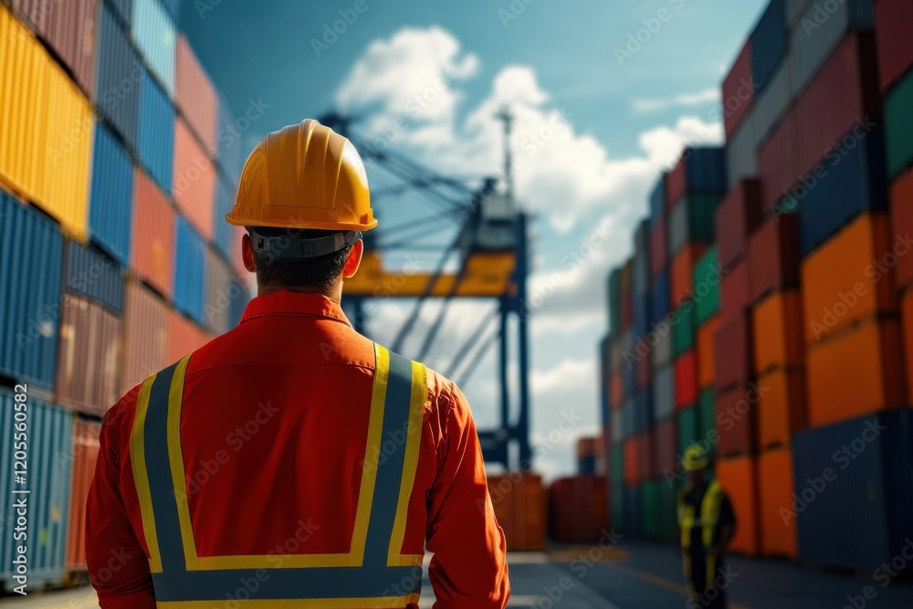 A worker in safety gear stands in a shipping yard, overseeing colorful cargo containers stacked high, representing the logistics and transport sector. A worker in safety gear stands in a shipping yard, overseeing colorful cargo containers stacked high, representing the logistics and transport sector.