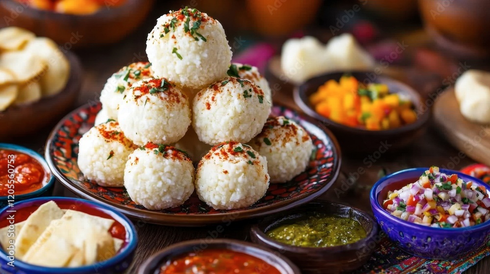 Colorful Indian Snack Platter with Rice Balls and Various Dips Colorful Indian Snack Platter with Rice Balls and Various Dips