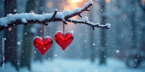 Twinkling hearts dangle from a snow-covered tree branch in a serene winter scene, snowy, winterrain photo