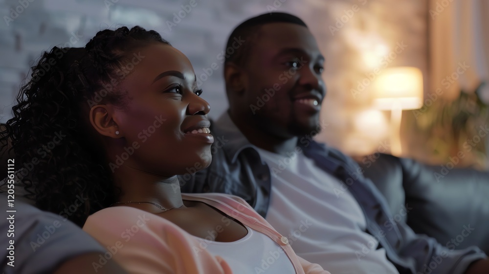 Obraz premium A Black couple is sitting on a couch and smiling.
