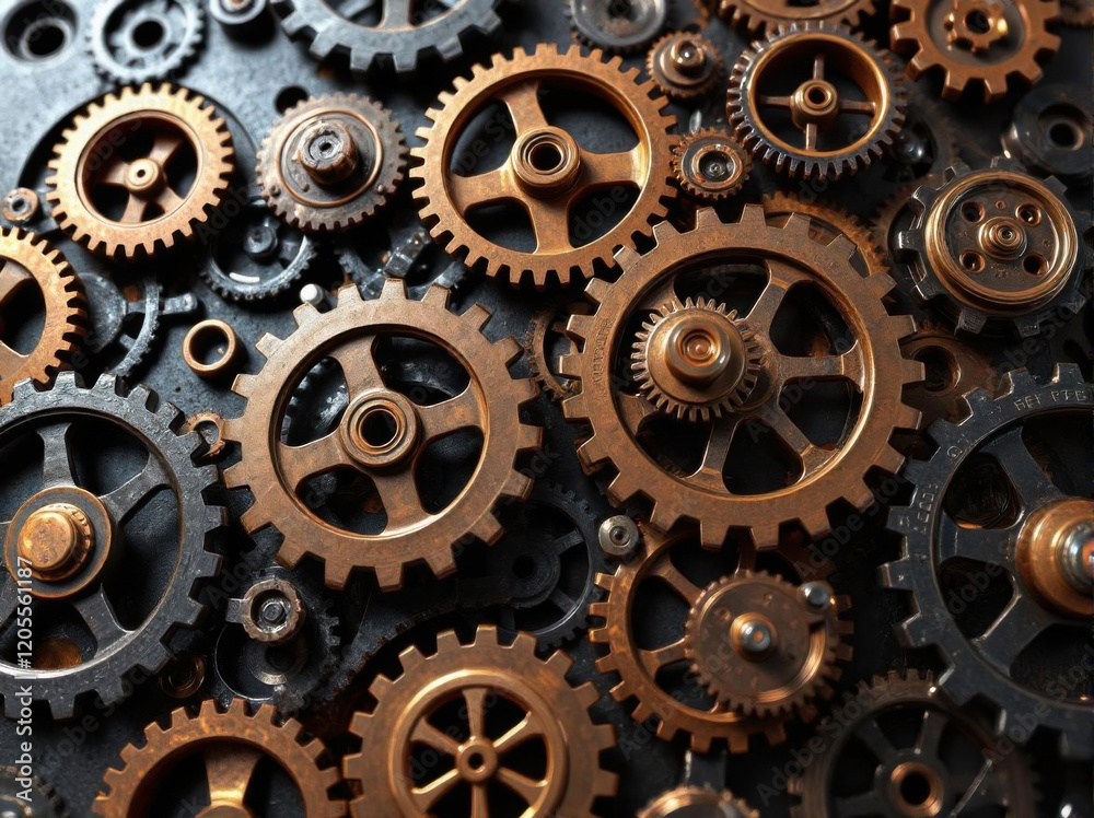 Gears and cogs wheels, industrial background. Artwork digital illustration. From above technical texture of steampunk gears on metal dark brown background. Gears of the mechanism. Wallpaper design Gears and cogs wheels, industrial background. Artwork digital illustration. From above technical texture of steampunk gears on metal dark brown background. Gears of the mechanism. Wallpaper design