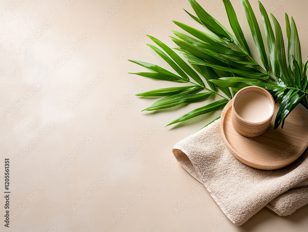 Organic skin care and spa concept with green palm leaves. serum bottle, shapmoo and stack of towels. Organic skin care and spa concept with green palm leaves. serum bottle, shapmoo and stack of towels.