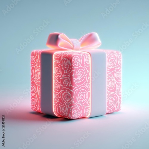 Gift box with rosepatterned wrapping glowing softly photo