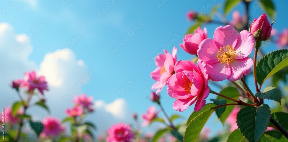 Obraz premium Wild rose flowers in full bloom against a blue sky, spring, full bloom