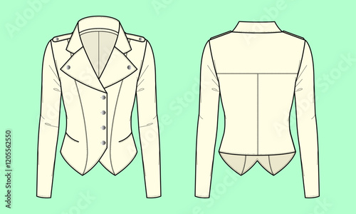 Women Jacket Long Sleeve Button Down Outerwear Crop Tops Short Coat Flat Sketch, Outline, CAD.