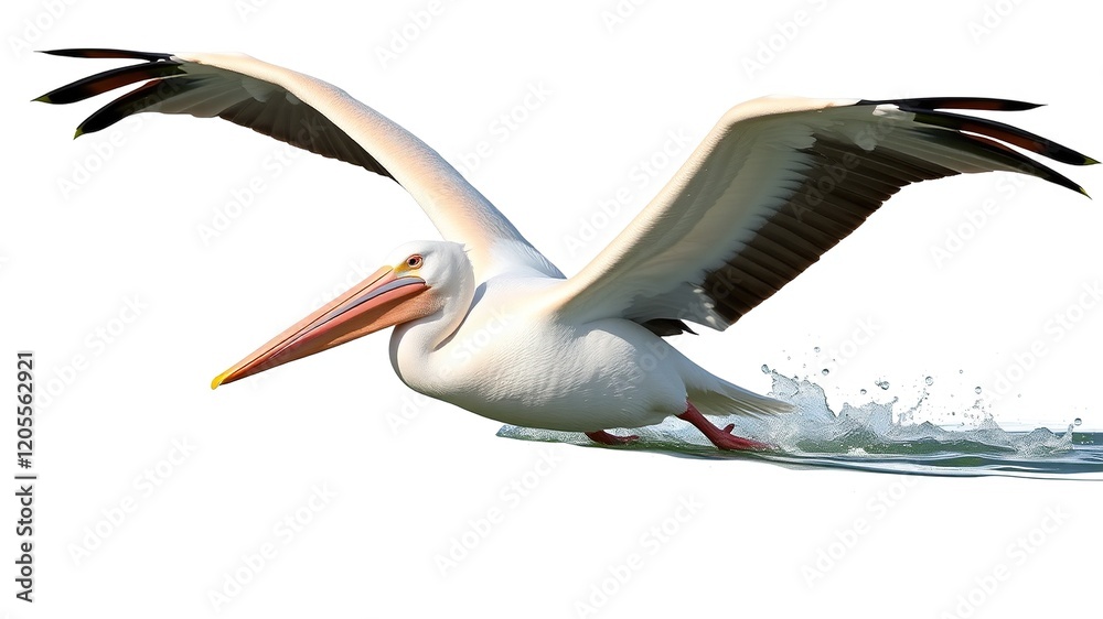Obraz premium Majestic Pelican Flight Over Water, White Background