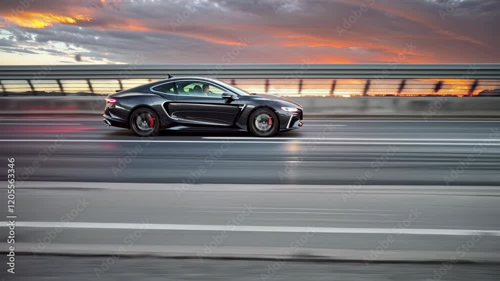 Blurred car speeding on a highway, leaving light trails at sunset, with a roadside speed camera capturing the scene. The dynamic and energetic setting highlights the sense of fast travel and modern Blurred car speeding on a highway, leaving light trails at sunset, with a roadside speed camera capturing the scene. The dynamic and energetic setting highlights the sense of fast travel and modern