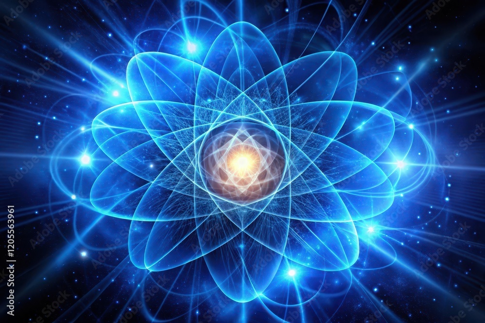 Obraz premium Illuminated Atomic Structure A Glowing Blue Representation of Subatomic Particles and Energy Fields