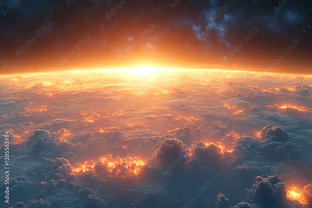 Fototapeta premium Fiery Sunrise Illuminates Earthly Cloudscape From Above