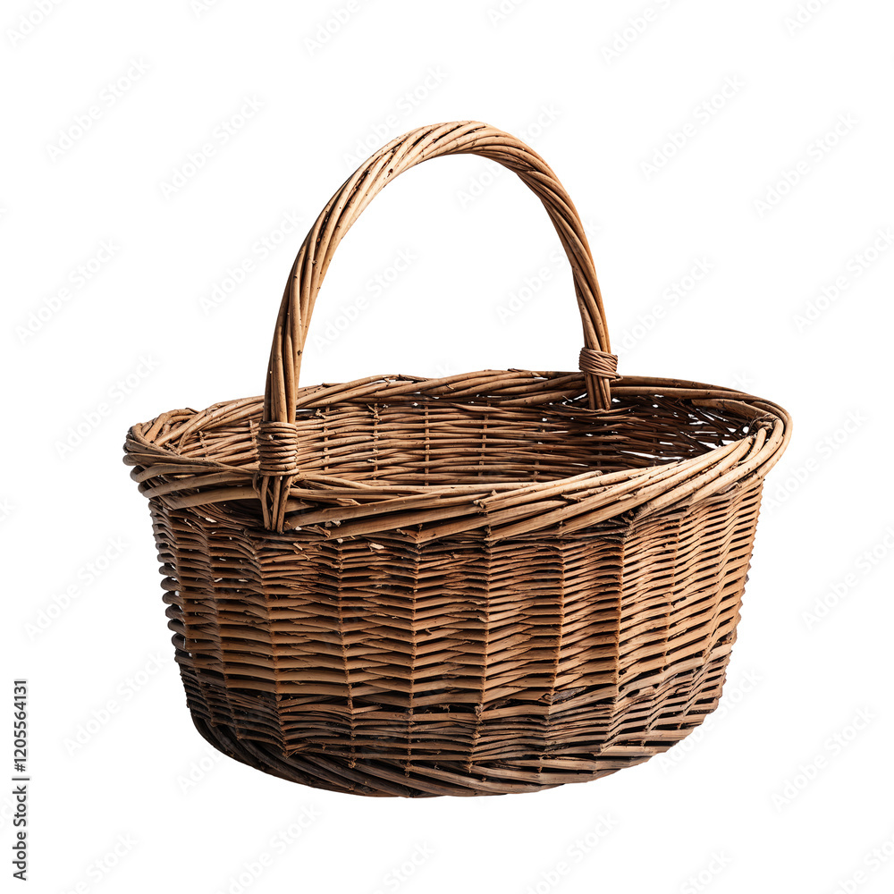 Natural Wicker Storage Basket with a Curved Wooden Handle Isolated on Transparent Background. Natural Wicker Storage Basket with a Curved Wooden Handle Isolated on Transparent Background.