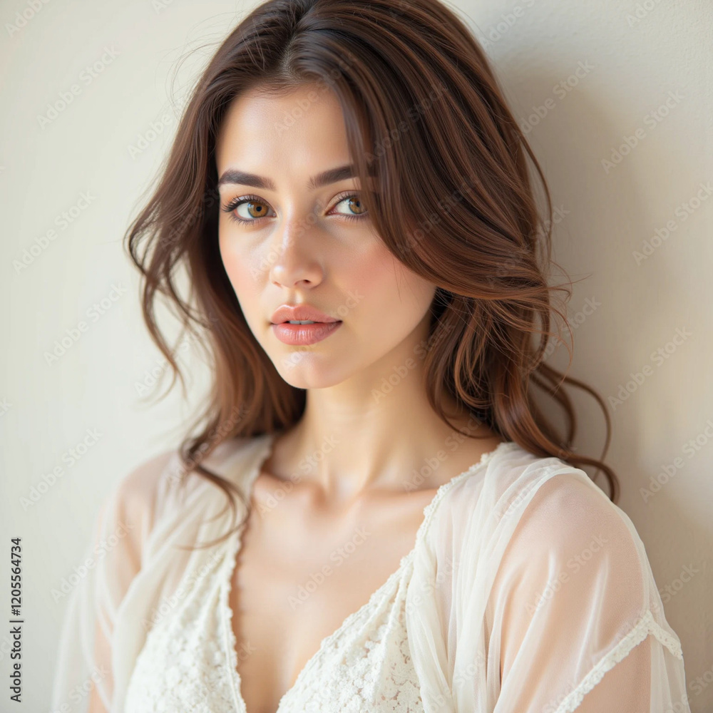Gorgeous female brunette model in white clothes
Gorgeous female brunette model in white clothes