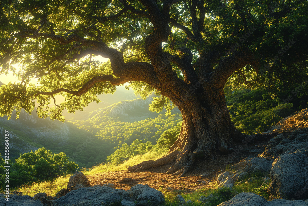 Fototapeta premium Majestic Oak Tree Stands Tall Over Rolling Hills