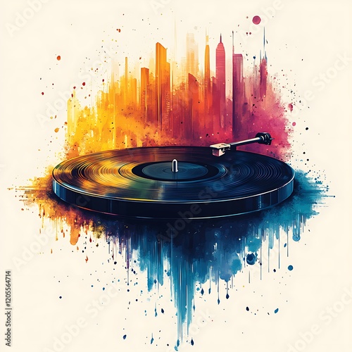 Expressive vector graphic of a record player spinning vinyl records with colorful soundwaves, embodying the soul of music ::2 vinyl melodies, rhythmic nostalgia, dynamic vibrations, hypnotic 