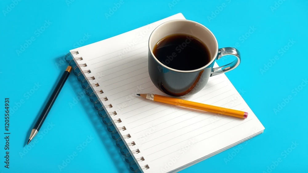Notebook, Pencil, Coffee Cup - Blue Background - AI Photo - Inspirational Study Mood Notebook, Pencil, Coffee Cup - Blue Background - AI Photo - Inspirational Study Mood