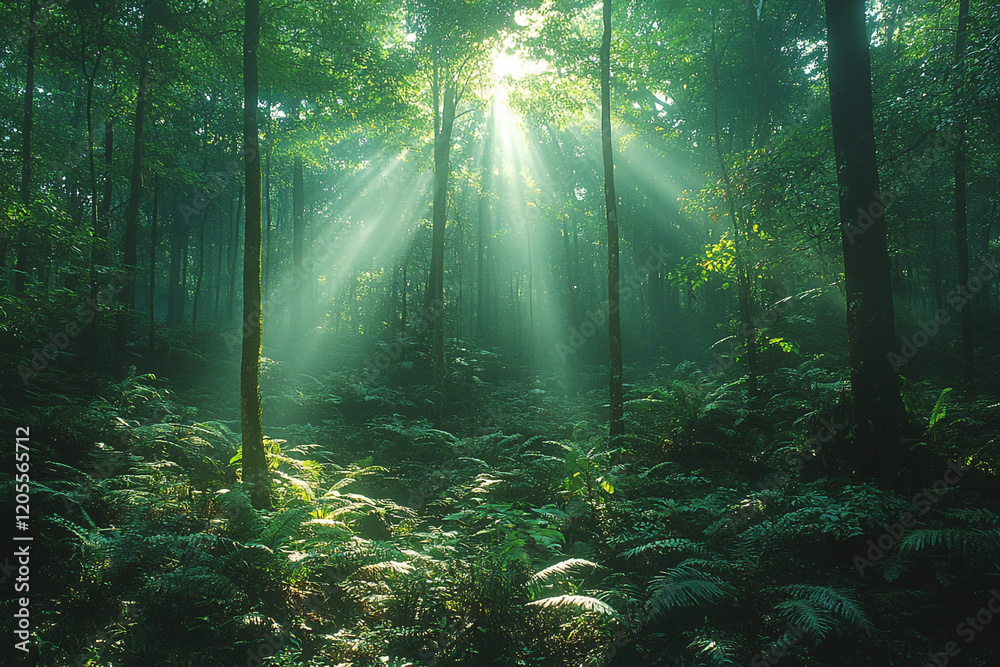 Fototapeta premium Sunbeams Illuminate Lush Green Forest Canopy