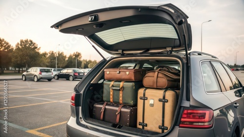 An Open Car Trunk Filled with Luggage, Ready for a Road Trip photo