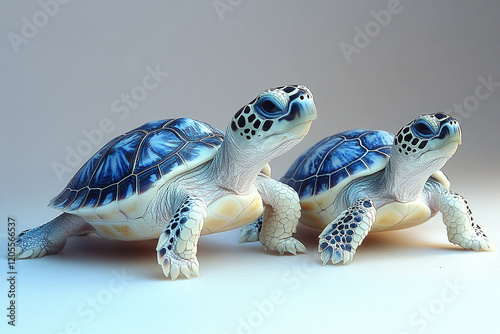 Two Baby Sea Turtles Pose Together On White Background
