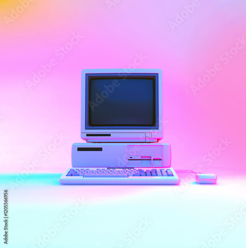 Vintage Desktop PC with Floppy Drive, Keyboard and Mouse in Soft Neon Lighting. Front View. 3D Rendering.