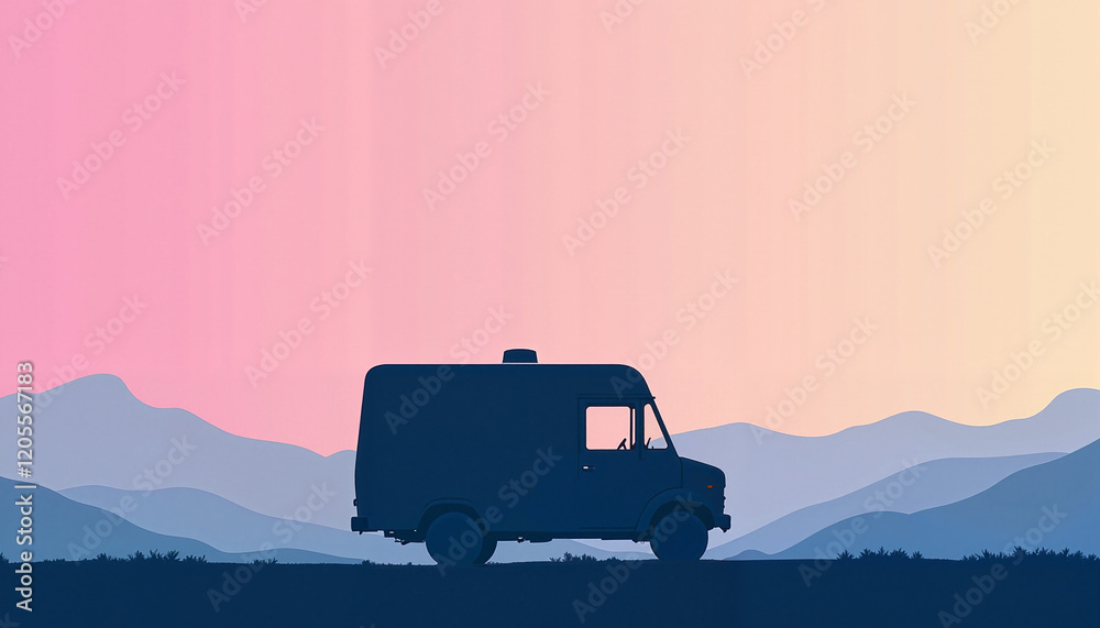 Fototapeta premium Silhouette of a vintage van against a colorful sunset with mountains in the background