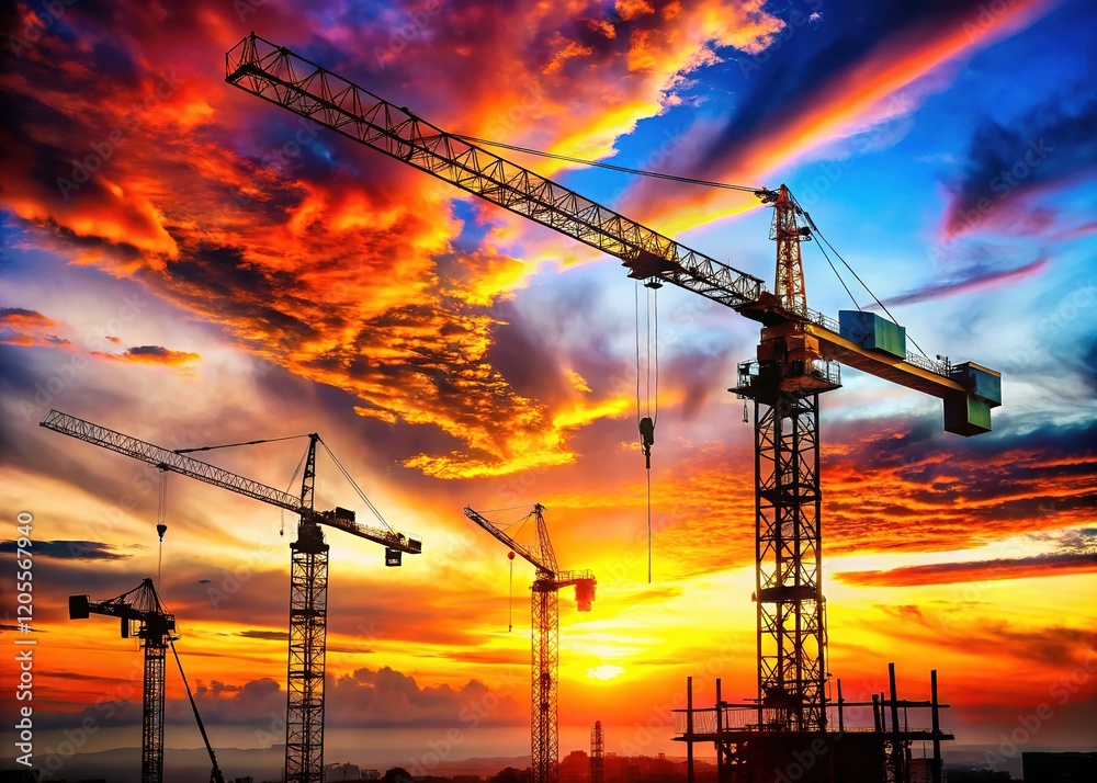 Silhouette Construction Cranes Sunset Landscape Silhouette Construction Cranes Sunset Landscape