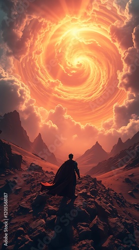 A lone figure in a red cape stands on rocky terrain, gazing up at a swirling, fiery sky above majestic mountains.


