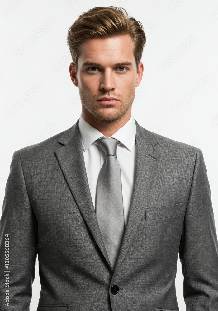 Portrait of a young man in a suit with a white shirt and tie, standing against a white background with a serious expression.
Portrait of a young man in a suit with a white shirt and tie, standing against a white background with a serious expression.