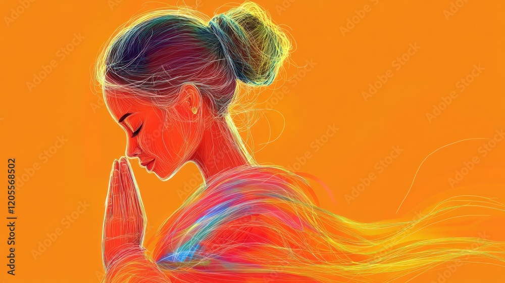 Abstract woman, praying, vibrant, colorful lines. Abstract woman, praying, vibrant, colorful lines.