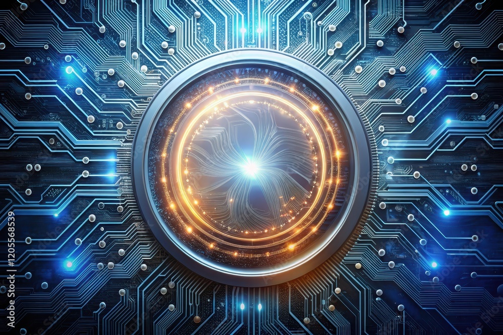 Futuristic Technology A Glowing Central Processing Unit Embedded Within a Complex Circuit Board Design Futuristic Technology A Glowing Central Processing Unit Embedded Within a Complex Circuit Board Design