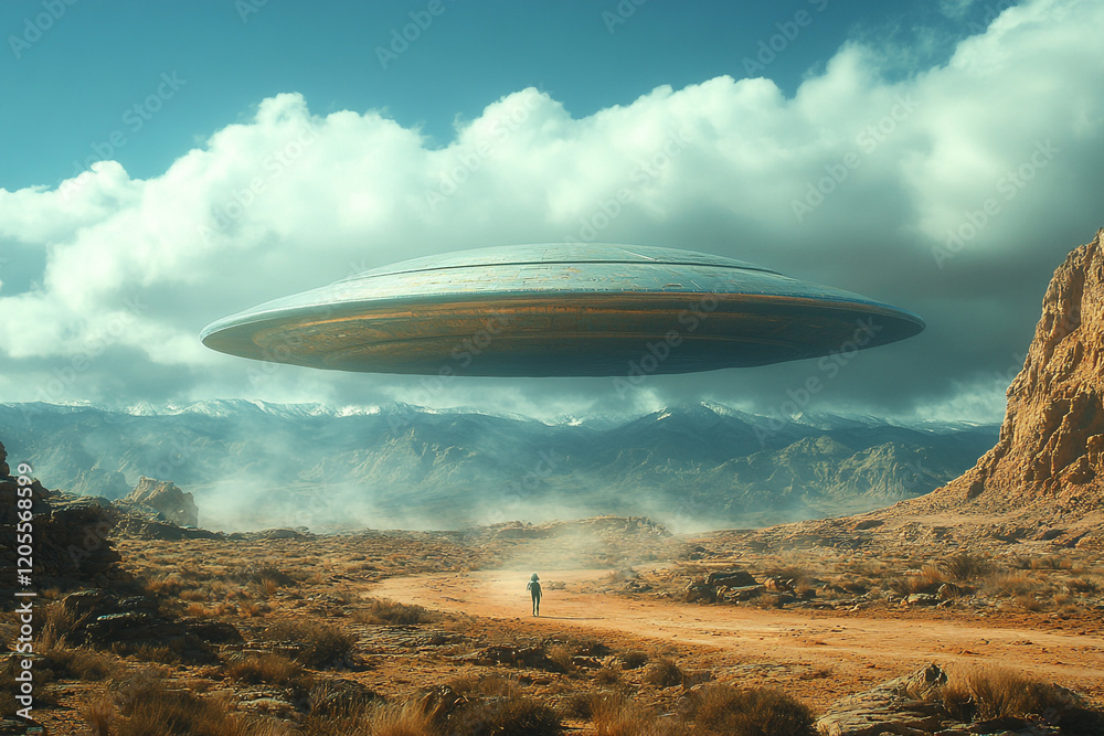 Fototapeta premium Alien Spaceship Hovering Over Desolate Landscape Awaiting Visitor
