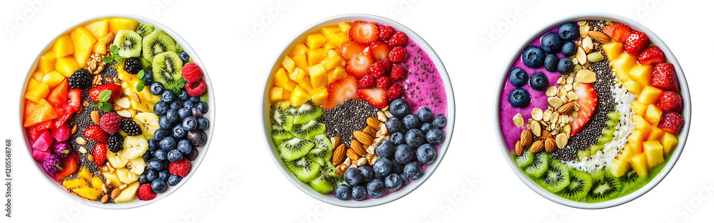 Collection of colorful rainbow smoothie bowl with layers of vibrant fruits, nuts and seeds arranged on a white or transparent background. Collection of colorful rainbow smoothie bowl with layers of vibrant fruits, nuts and seeds arranged on a white or transparent background.