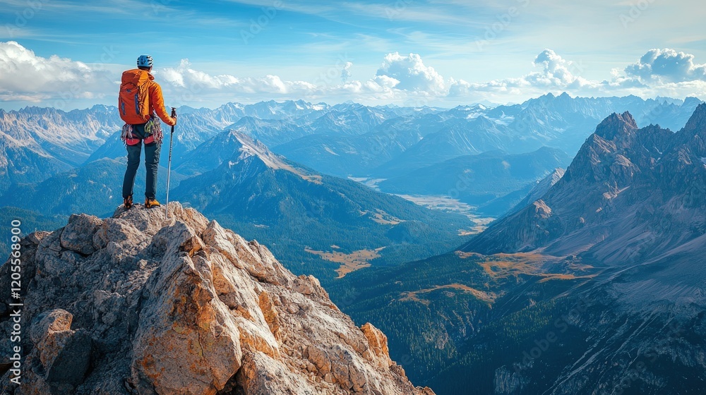 Climber atop peak, vast mountain vista. Climber atop peak, vast mountain vista.