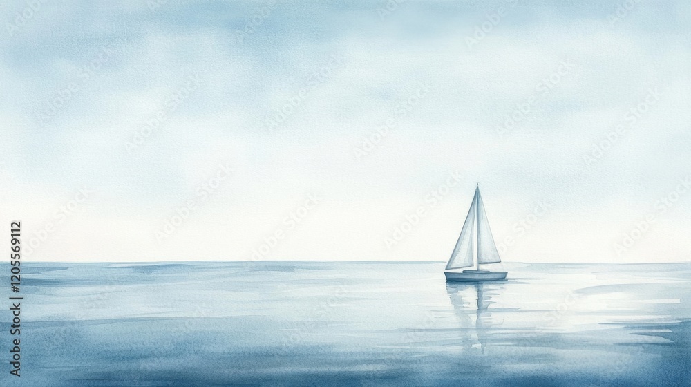 Obraz premium A solitary sailboat moves gracefully across a tranquil sea, surrounded by soft pastel hues. The overcast sky reflects on the serene water surface, enhancing the peaceful atmosphere