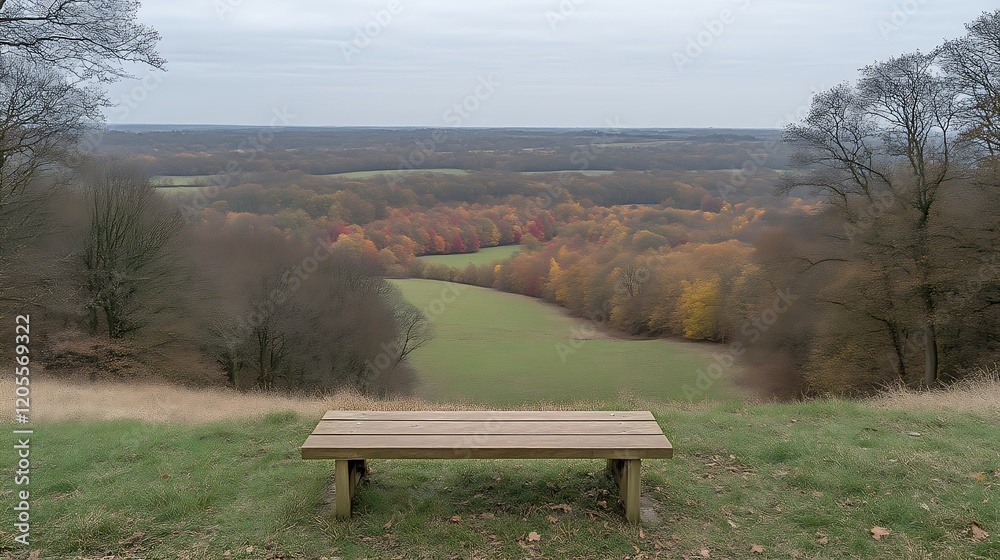 Wooden Bench Overlooking Autumnal Valley Landscape Wooden Bench Overlooking Autumnal Valley Landscape