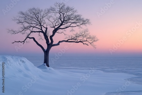 Winter sunset, lone tree, snowy shore, frozen lake.