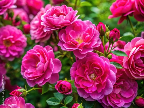 Vibrant wild pink roses, a lush bloom, botanical artistry.