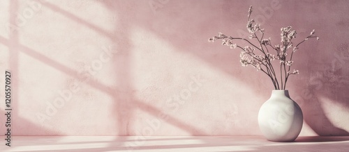 Soft pastel tones and minimalist textures create a serene background with a vase and dried flowers