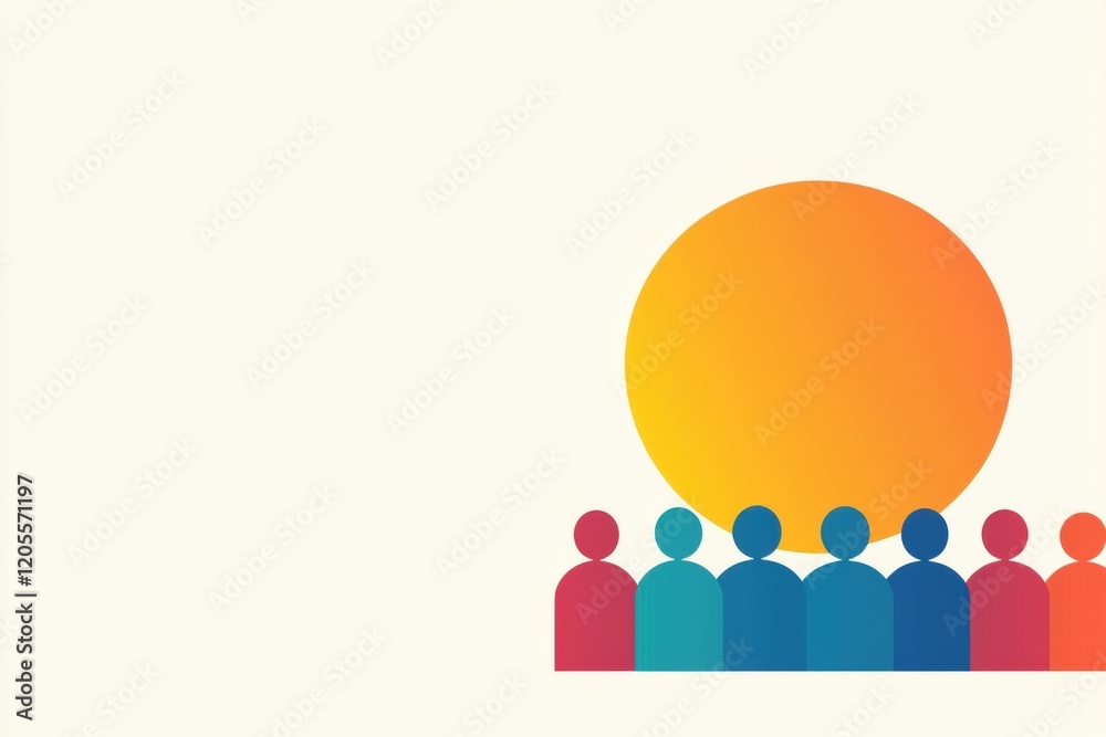 Silhouette of Diverse People with Vibrant Sun in the Background on Light Canvas