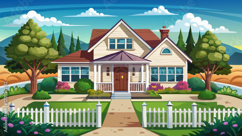 photo realistic image of a ranch-style house with a white picket fence