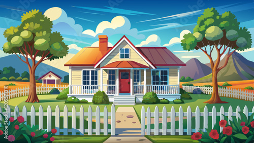 photo realistic image of a ranch-style house with a white picket fence