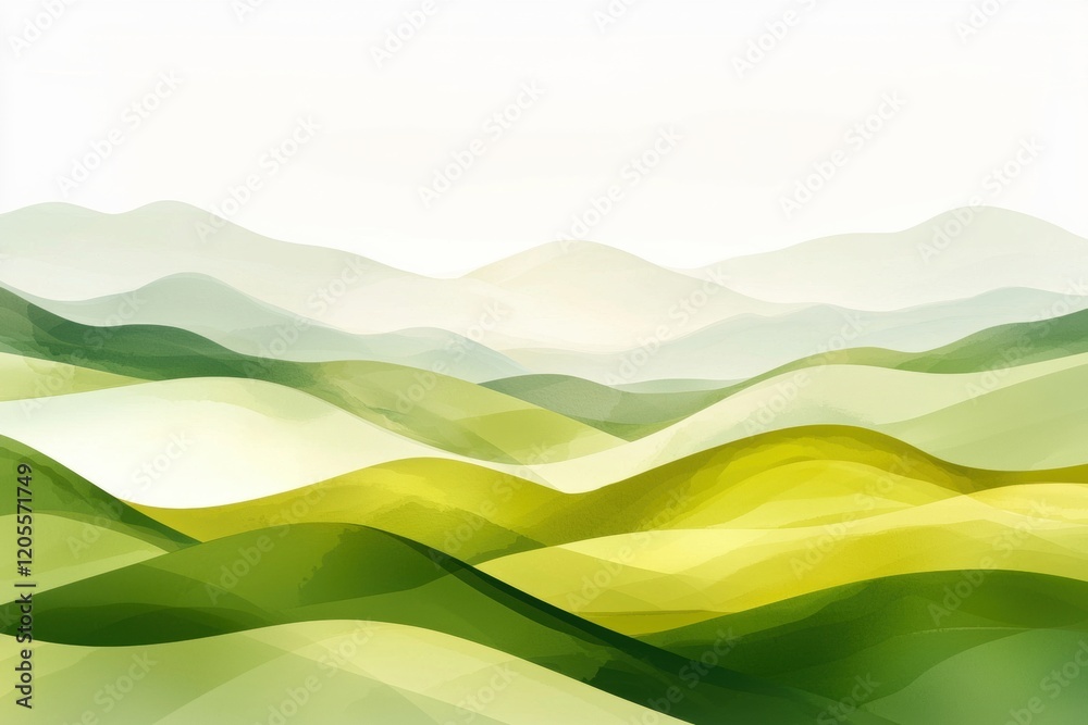 Serene Layers of Green Hills with Subtle Washes of Soft Color Tones Serene Layers of Green Hills with Subtle Washes of Soft Color Tones
